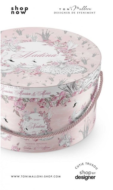 Cutie trusou botez cu lebada alba si glitter argintiu rotunda cu un design modern White Swan 3